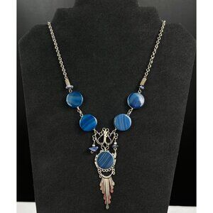 Vintage SKU 026 Silver Tone Blue Agate Pendant Necklace